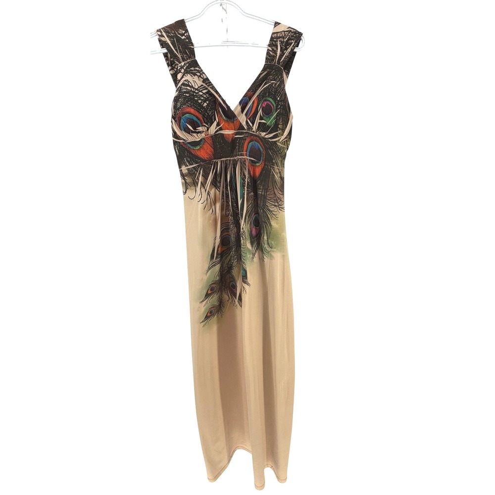 Fresh of LA Maxi Dress Womens Medium Tan Peacock Feather Print Babydoll Boho Y2K